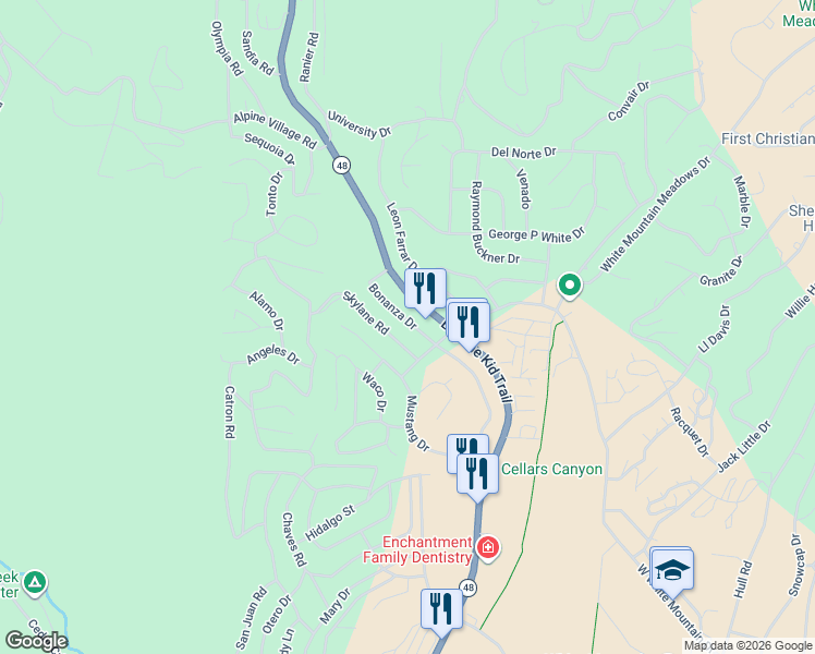 map of restaurants, bars, coffee shops, grocery stores, and more near 207 Bonanza Drive in Ruidoso