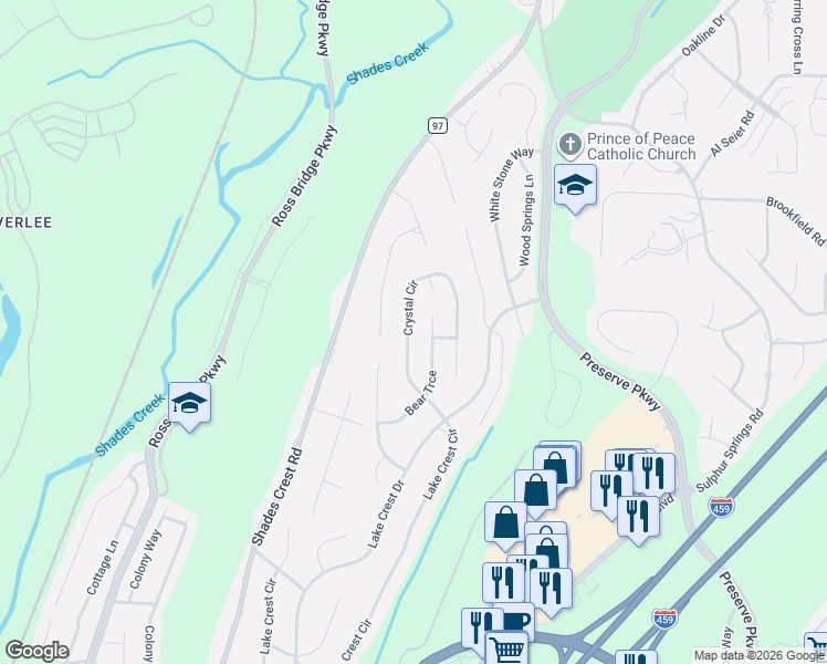 map of restaurants, bars, coffee shops, grocery stores, and more near 4942 Crystal Circle in Birmingham