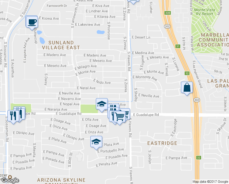 map of restaurants, bars, coffee shops, grocery stores, and more near 8266 East Neville Avenue in Mesa
