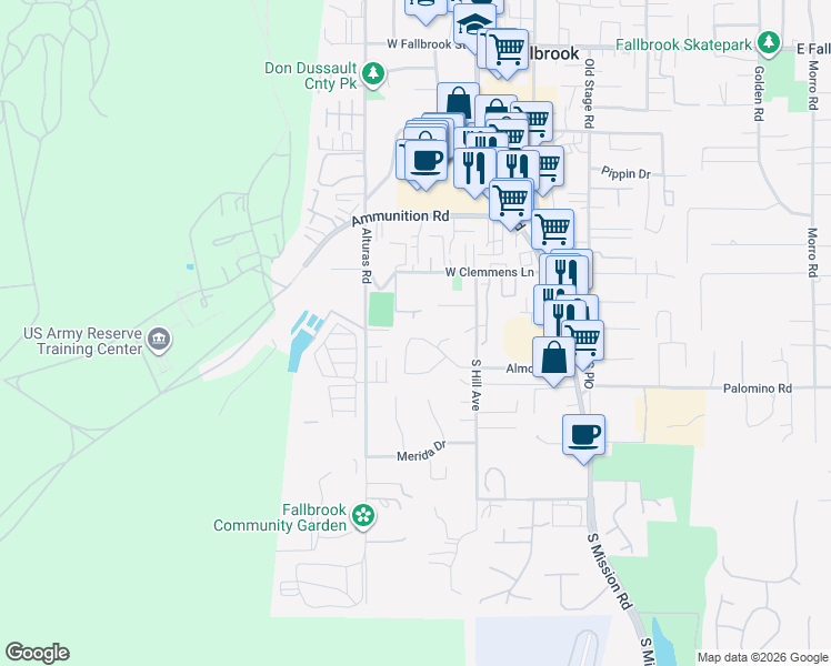 map of restaurants, bars, coffee shops, grocery stores, and more near 477 Poets Hill Road in Fallbrook