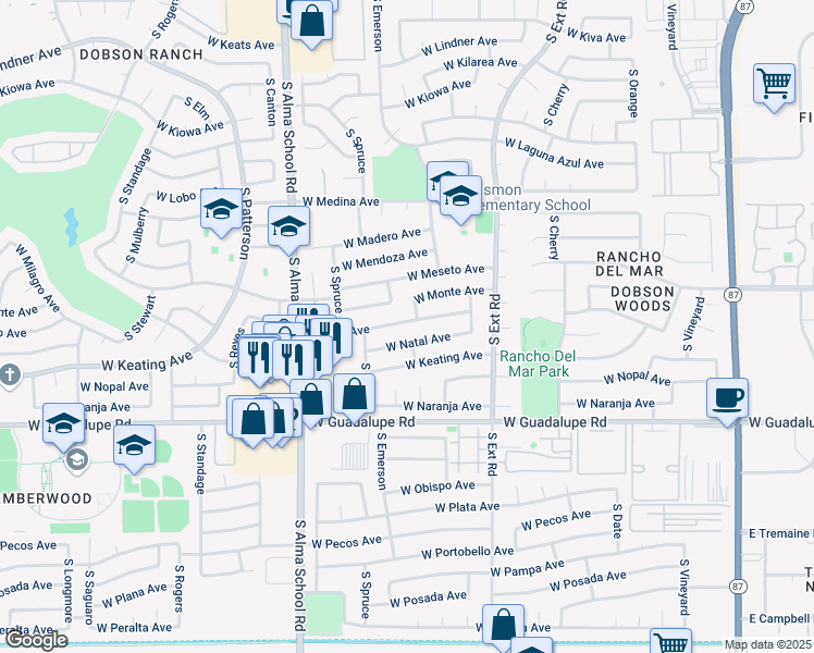 map of restaurants, bars, coffee shops, grocery stores, and more near 951 West Nido Avenue in Mesa