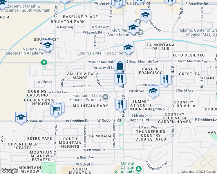 map of restaurants, bars, coffee shops, grocery stores, and more near 117 West Desert Drive in Phoenix