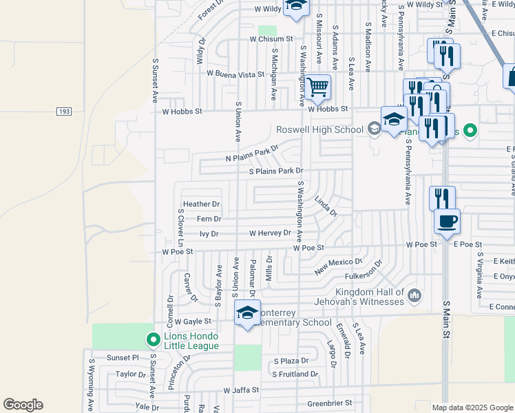 map of restaurants, bars, coffee shops, grocery stores, and more near 806 South Heights Drive in Roswell