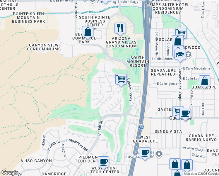 map of restaurants, bars, coffee shops, grocery stores, and more near 8646 South 48th Street in Phoenix