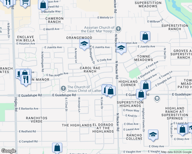 map of restaurants, bars, coffee shops, grocery stores, and more near 3847 East San Remo Avenue in Gilbert