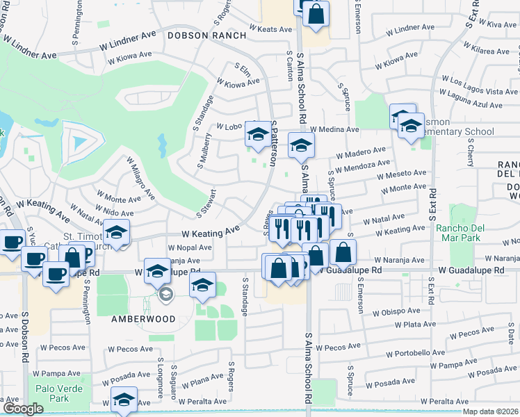 map of restaurants, bars, coffee shops, grocery stores, and more near 1330-1340 West Monte Avenue in Mesa