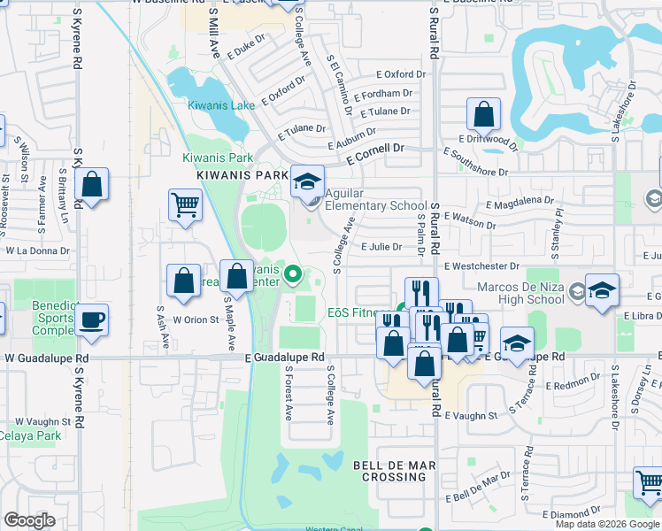 map of restaurants, bars, coffee shops, grocery stores, and more near 6009 South College Avenue in Tempe
