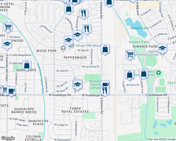 map of restaurants, bars, coffee shops, grocery stores, and more near 522 West Julie Drive in Tempe