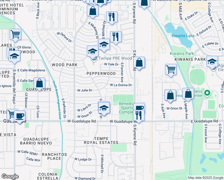 map of restaurants, bars, coffee shops, grocery stores, and more near 588 West Westchester Avenue in Tempe