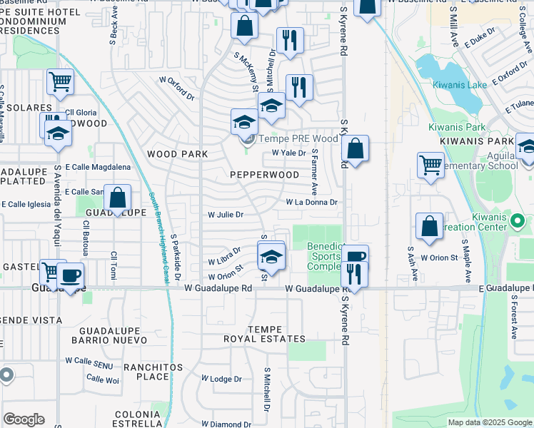 map of restaurants, bars, coffee shops, grocery stores, and more near 6101 West Julie Drive in Tempe