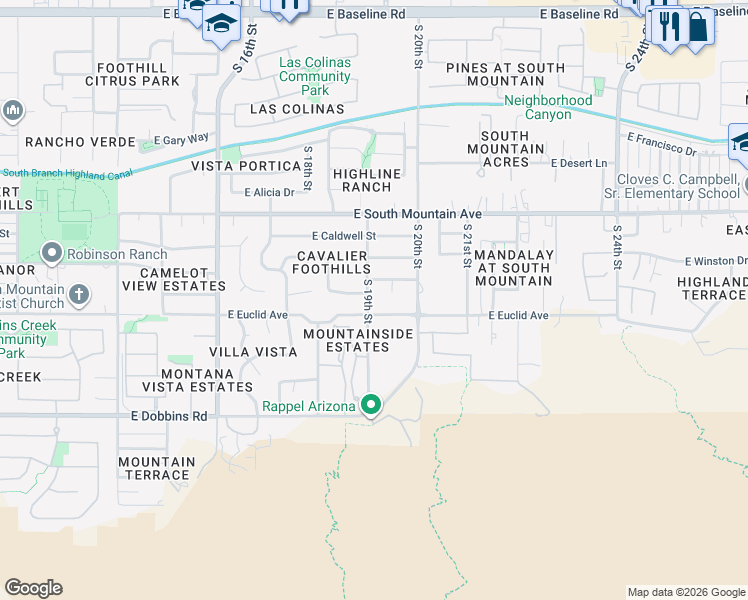 map of restaurants, bars, coffee shops, grocery stores, and more near 1845 East Desert Drive in Phoenix