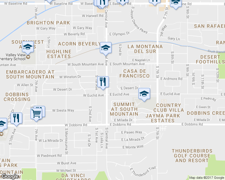 map of restaurants, bars, coffee shops, grocery stores, and more near 13 East Desert Drive in Phoenix