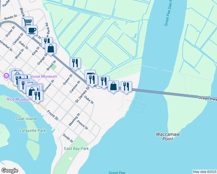 map of restaurants, bars, coffee shops, grocery stores, and more near 245 Church Street in Georgetown