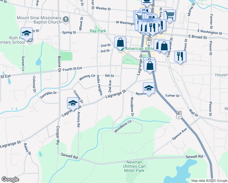 map of restaurants, bars, coffee shops, grocery stores, and more near 119 Lagrange Street in Newnan