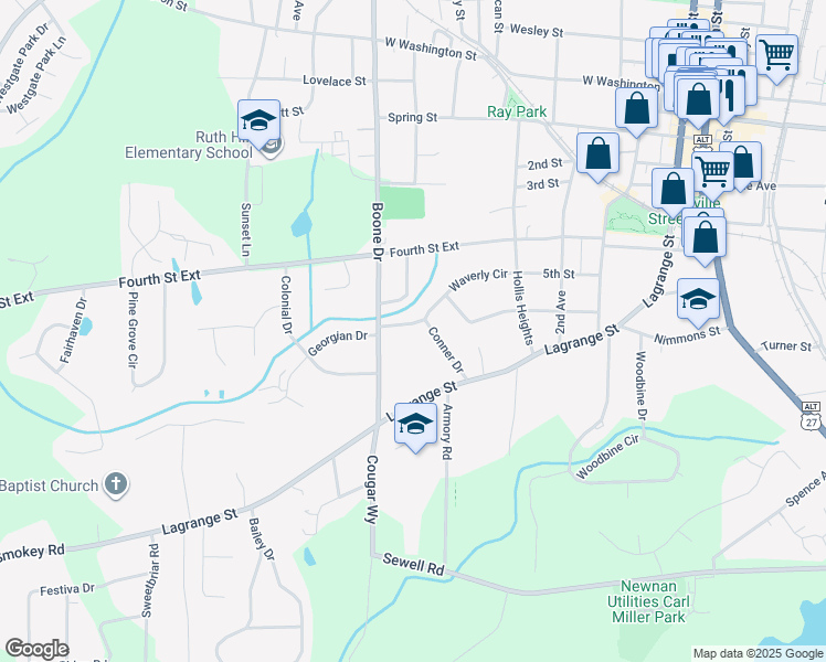 map of restaurants, bars, coffee shops, grocery stores, and more near 3 Linden Drive in Newnan