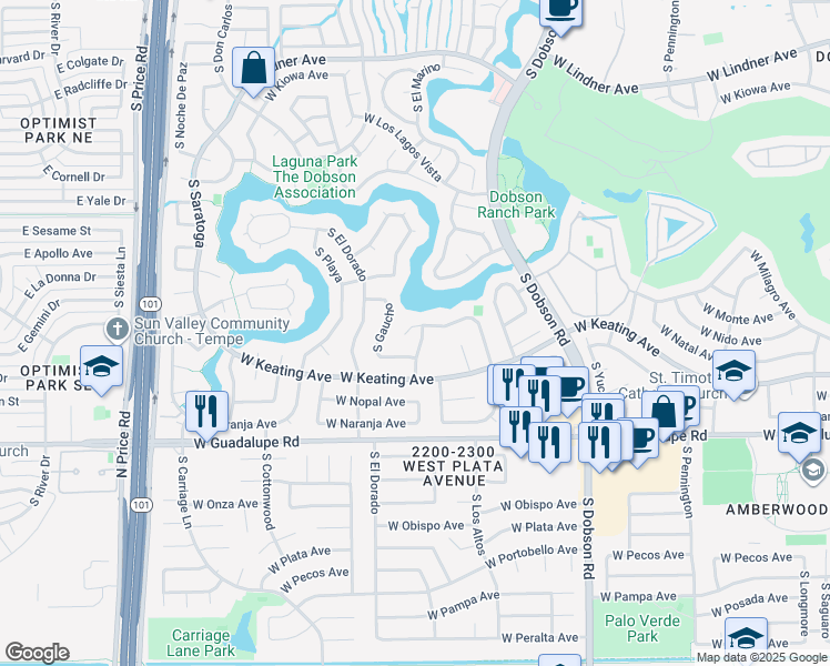map of restaurants, bars, coffee shops, grocery stores, and more near 2311 West Monterey Circle in Mesa