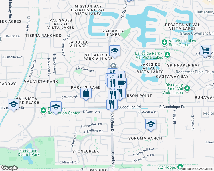 map of restaurants, bars, coffee shops, grocery stores, and more near 959 North Val Vista Drive in Gilbert