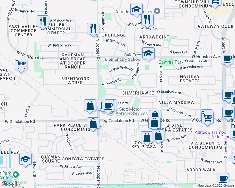 map of restaurants, bars, coffee shops, grocery stores, and more near 658 West Harvard Avenue in Gilbert