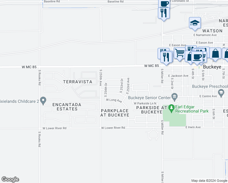 map of restaurants, bars, coffee shops, grocery stores, and more near 25416 West Desert Drive in Buckeye