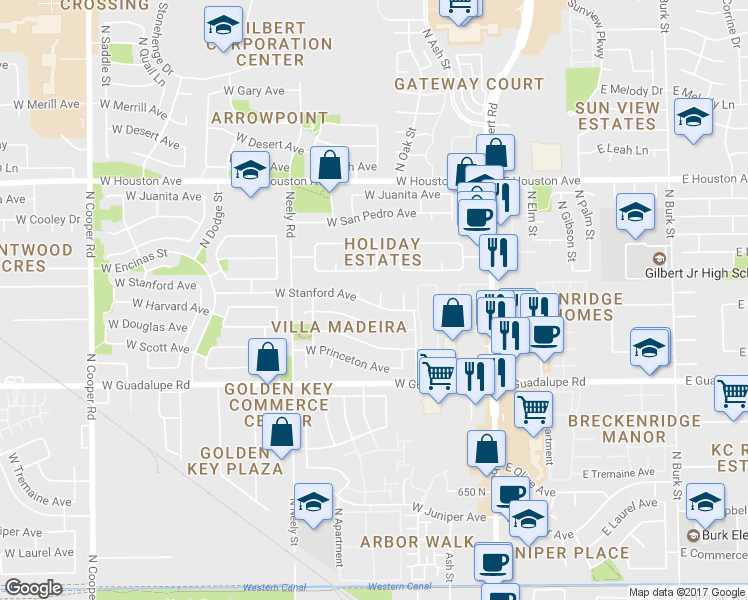 map of restaurants, bars, coffee shops, grocery stores, and more near 928 North Birch Street in Gilbert