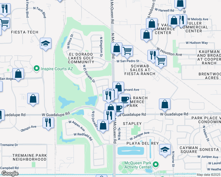 map of restaurants, bars, coffee shops, grocery stores, and more near 881 N Kingston St in Gilbert