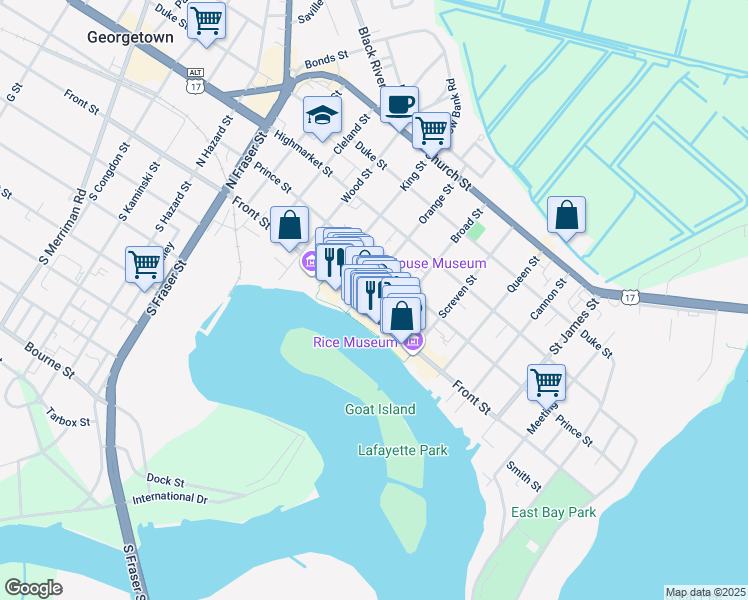 map of restaurants, bars, coffee shops, grocery stores, and more near 830 Front Street in Georgetown