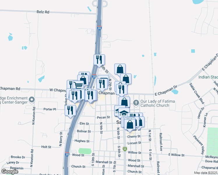 map of restaurants, bars, coffee shops, grocery stores, and more near 909 N 7th St in Sanger