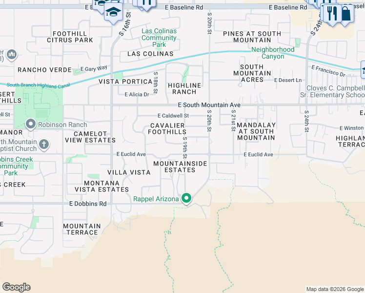 map of restaurants, bars, coffee shops, grocery stores, and more near 1845 East Desert Drive in Phoenix