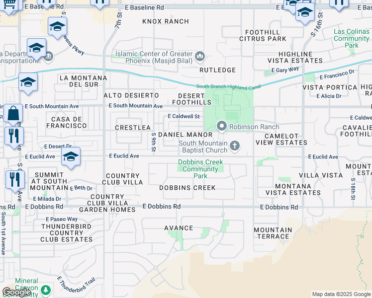 map of restaurants, bars, coffee shops, grocery stores, and more near 1113 East Desert Drive in Phoenix