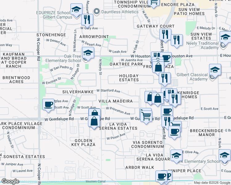 map of restaurants, bars, coffee shops, grocery stores, and more near 303 West Stanford Avenue in Gilbert