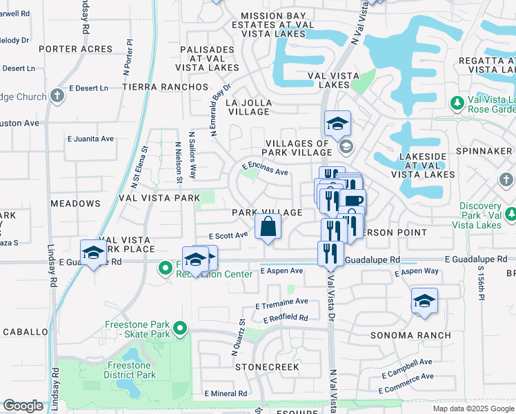 map of restaurants, bars, coffee shops, grocery stores, and more near 843 North Blue Marlin Drive in Gilbert