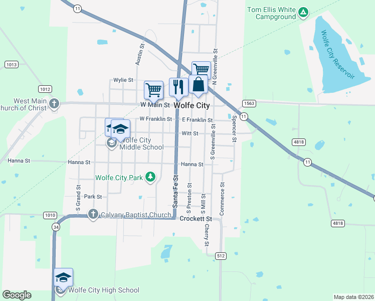 map of restaurants, bars, coffee shops, grocery stores, and more near 426 South Preston Street in Wolfe City