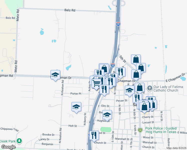 map of restaurants, bars, coffee shops, grocery stores, and more near Sanger West Boulevard in Sanger