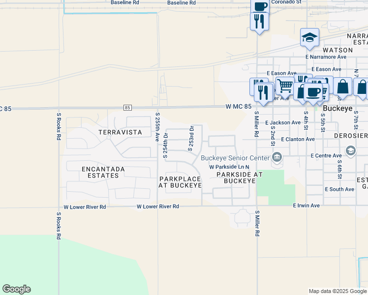 map of restaurants, bars, coffee shops, grocery stores, and more near 25416 West Desert Drive in Buckeye