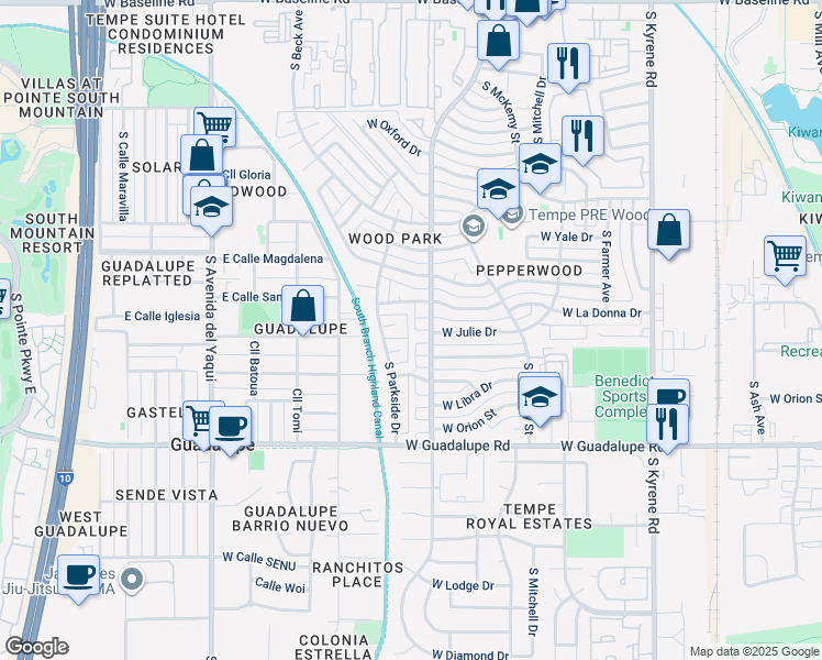 map of restaurants, bars, coffee shops, grocery stores, and more near 6106 South Colonial Way in Tempe