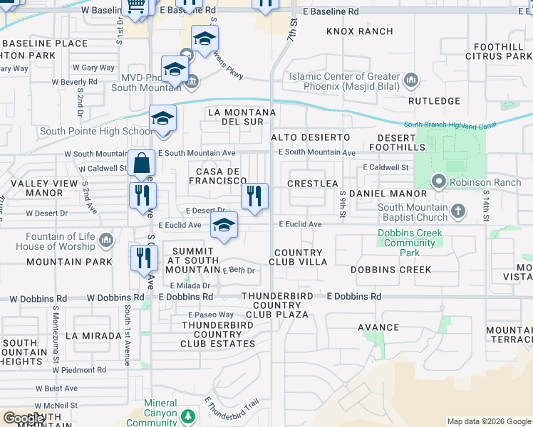 map of restaurants, bars, coffee shops, grocery stores, and more near 8632 South 7th Street in Phoenix