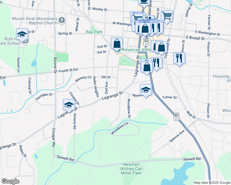 map of restaurants, bars, coffee shops, grocery stores, and more near 119 Lagrange Street in Newnan