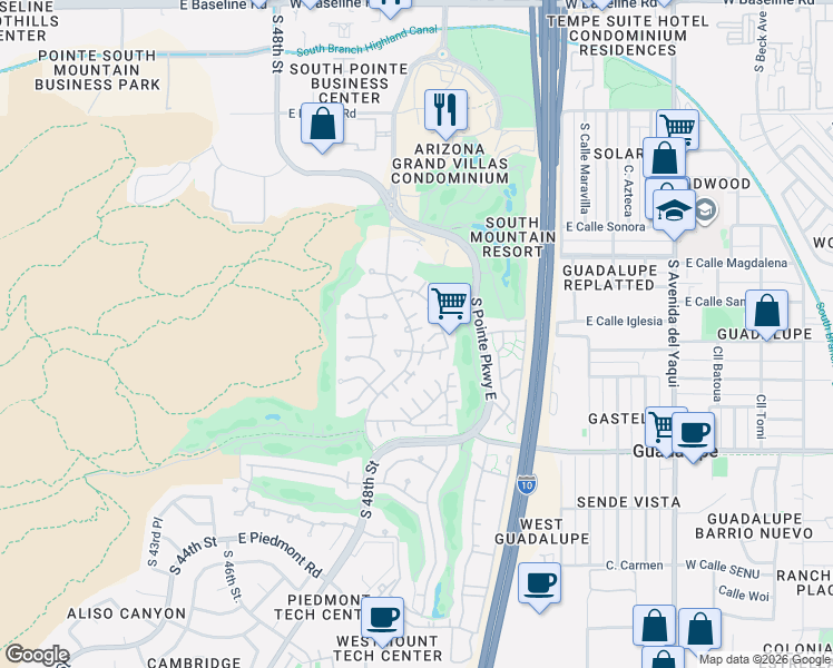 map of restaurants, bars, coffee shops, grocery stores, and more near 8646 South 48th Street in Phoenix