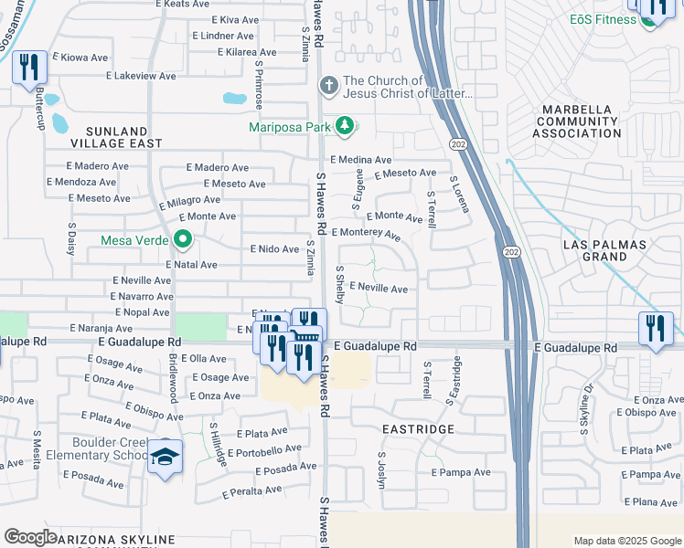 map of restaurants, bars, coffee shops, grocery stores, and more near 2641 South Shelby in Mesa