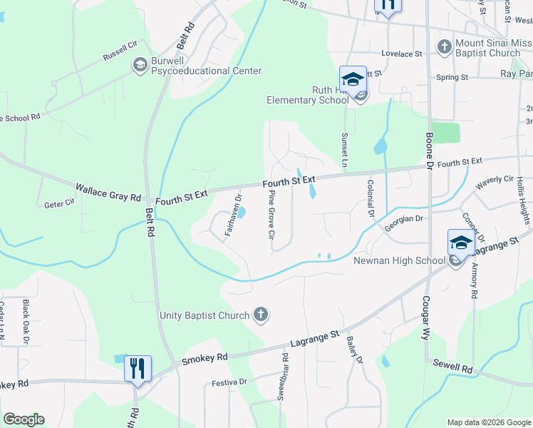 map of restaurants, bars, coffee shops, grocery stores, and more near 104 Pine Grove Cir in Newnan