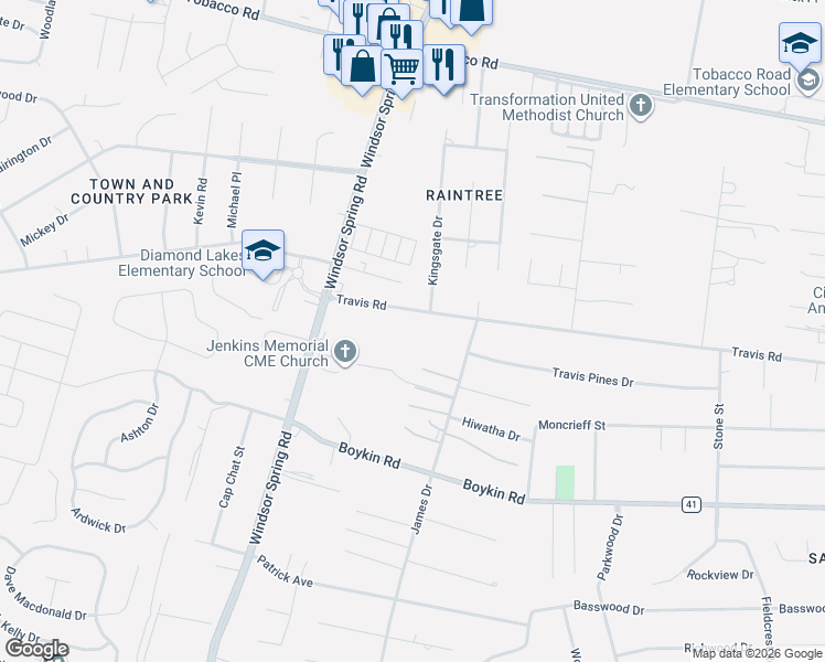 map of restaurants, bars, coffee shops, grocery stores, and more near 4202 Windsor Spring Road in Hephzibah