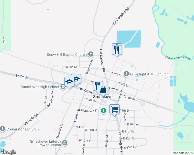 map of restaurants, bars, coffee shops, grocery stores, and more near 202 West 5th Street in Smackover