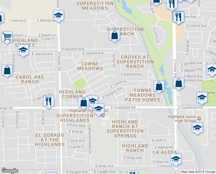 map of restaurants, bars, coffee shops, grocery stores, and more near 914 North Roadrunner Drive in Gilbert