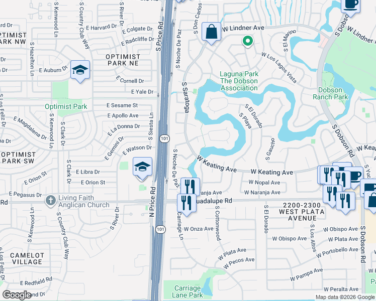 map of restaurants, bars, coffee shops, grocery stores, and more near 2601 South Saratoga in Mesa