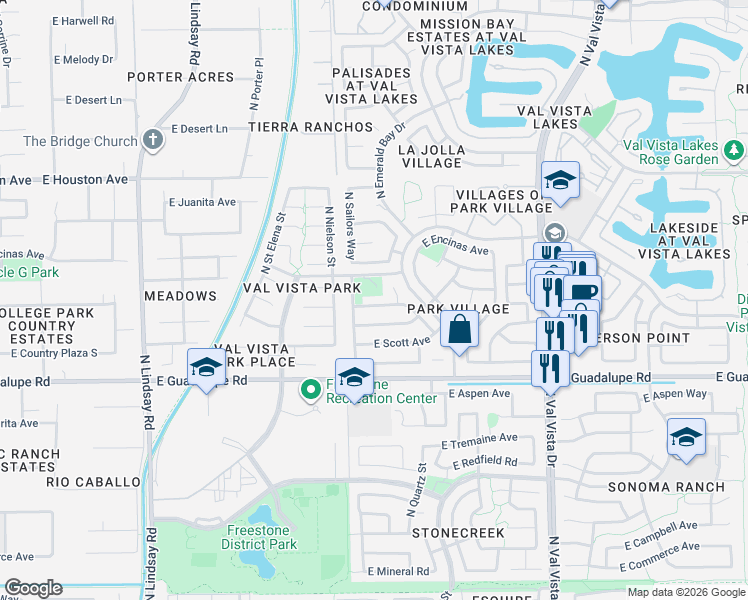 map of restaurants, bars, coffee shops, grocery stores, and more near 1232 East Harvard Avenue in Gilbert