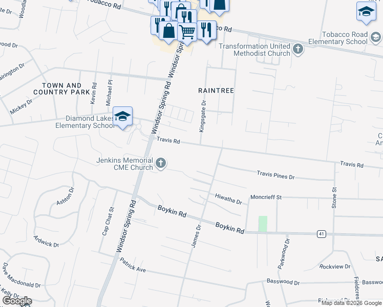 map of restaurants, bars, coffee shops, grocery stores, and more near 4202 Windsor Spring Road in Hephzibah
