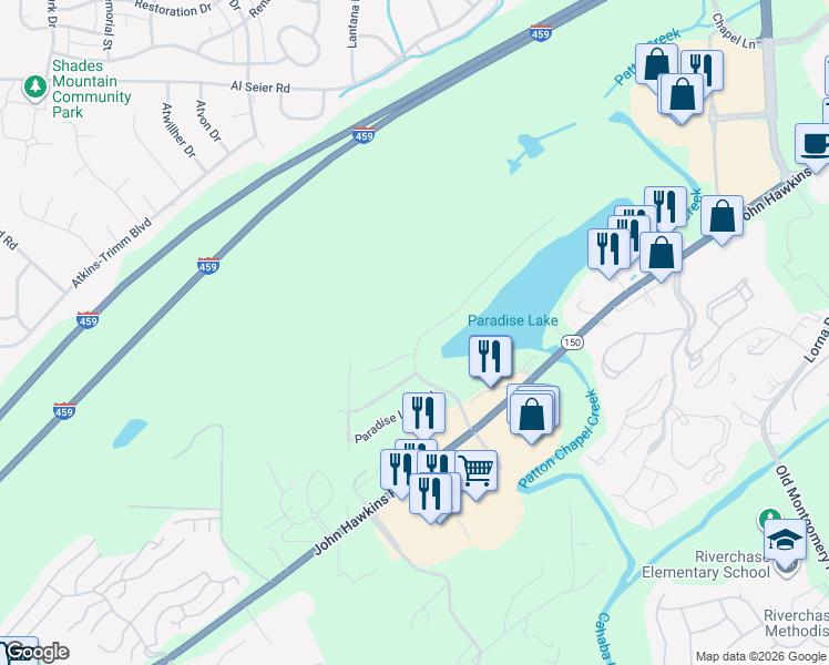 map of restaurants, bars, coffee shops, grocery stores, and more near 3083 Paradise Parkway in Hoover