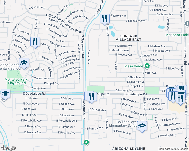 map of restaurants, bars, coffee shops, grocery stores, and more near 7716 East Neville Avenue in Mesa