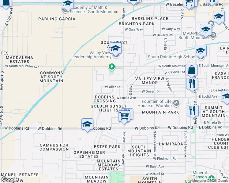 map of restaurants, bars, coffee shops, grocery stores, and more near 8611 South 8th Drive in Phoenix