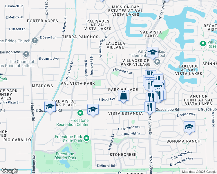map of restaurants, bars, coffee shops, grocery stores, and more near 1320 East Harvard Avenue in Gilbert